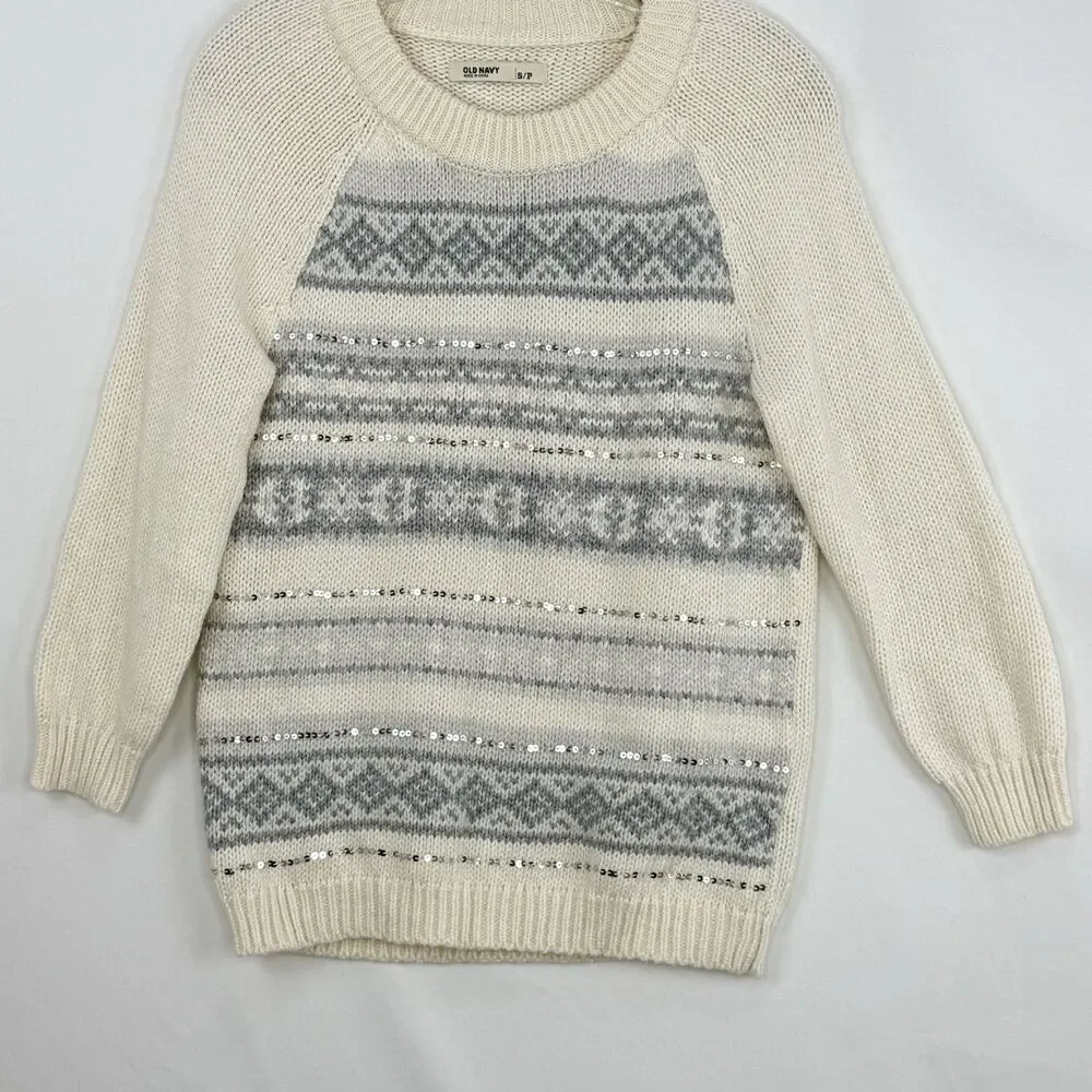 Old Navy Sweater Jumper Small PetiteFair Isle Cream Gray Knit Sequins Loose Fit